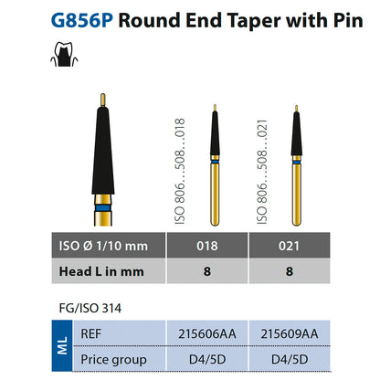 856P Fresa de diamante Troncocónica Punta Redondeada con Guide Pin